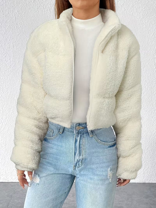 Women’s fluffy cropped jacket with high collar